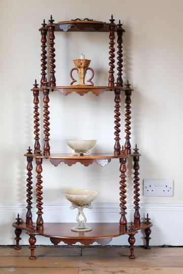 Walnut etagere waterfall shelves barley twist columns