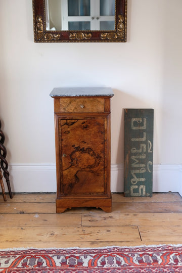 Burr Walnut and Marble Bedside Cabinet with Plinth Base