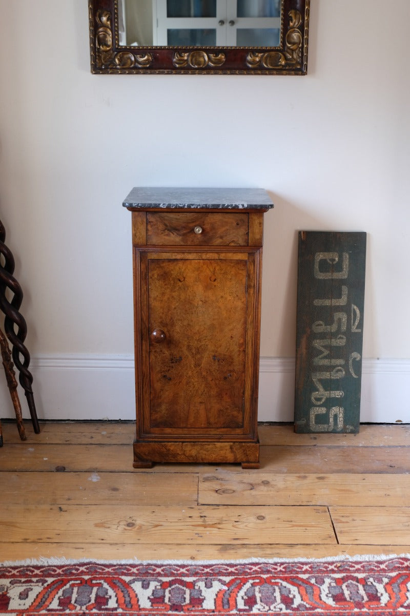 Burr Walnut & Marble Bedside Cabinet Raised On Short Feet