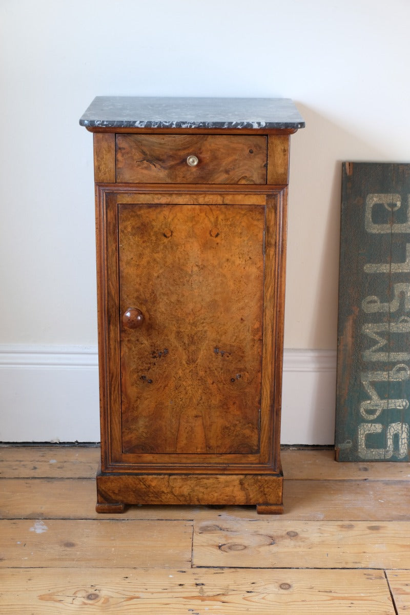 Burr Walnut & Marble Bedside Cabinet Raised On Short Feet