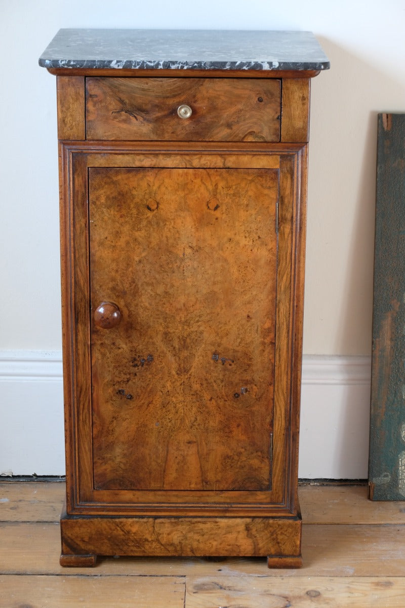 Burr Walnut & Marble Bedside Cabinet Raised On Short Feet