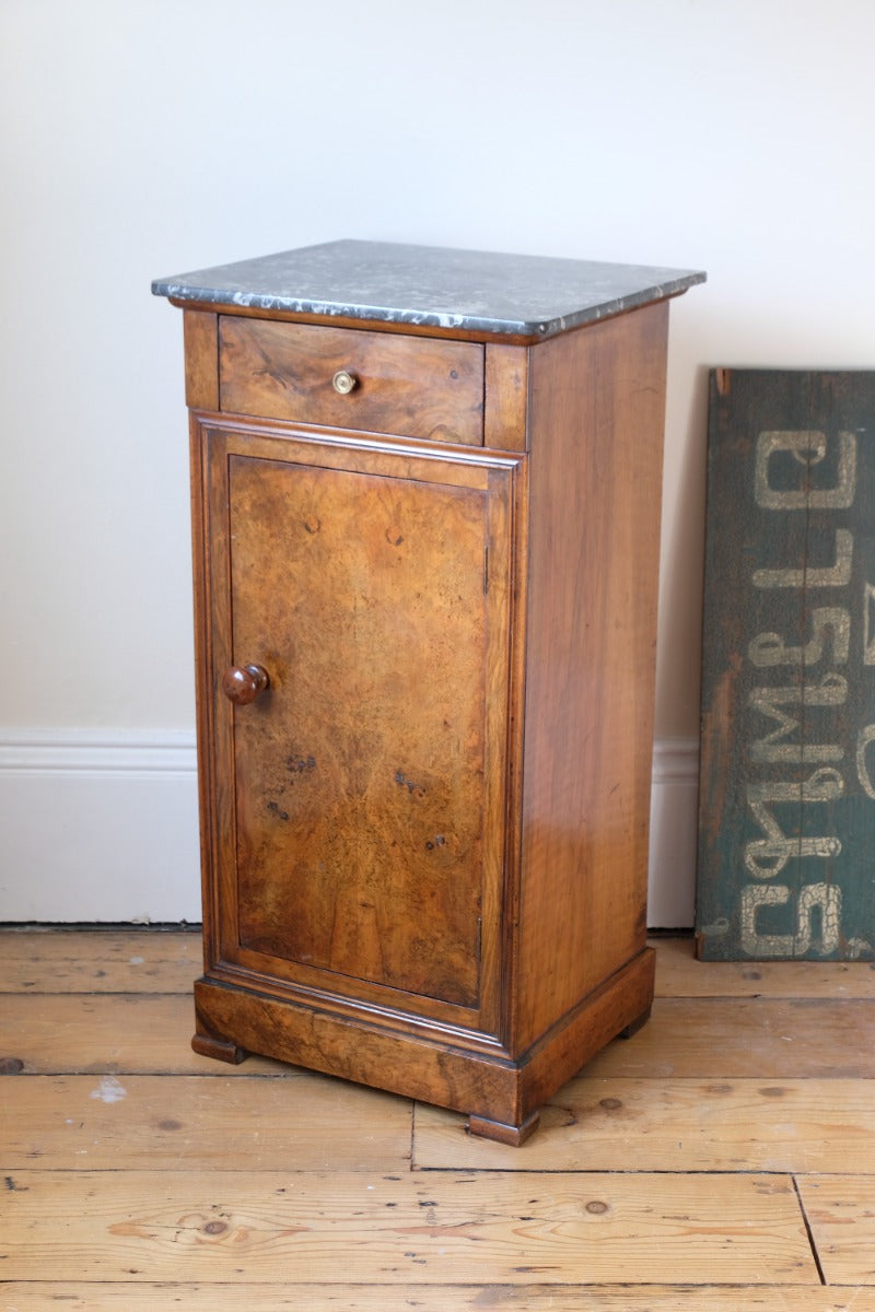 Burr Walnut & Marble Bedside Cabinet Raised On Short Feet