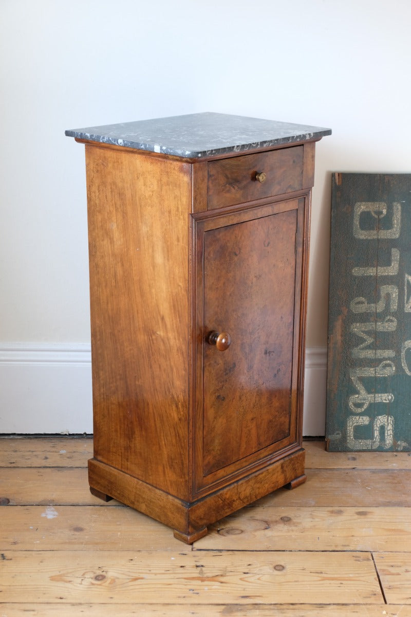 Burr Walnut & Marble Bedside Cabinet Raised On Short Feet