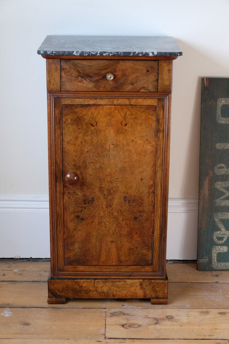 Burr Walnut & Marble Bedside Cabinet Raised On Short Feet