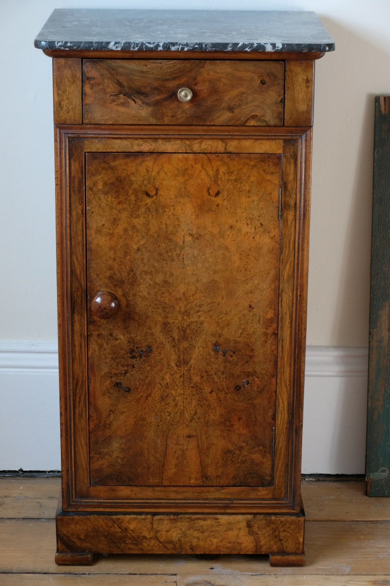 Burr Walnut & Marble Bedside Cabinet Raised On Short Feet