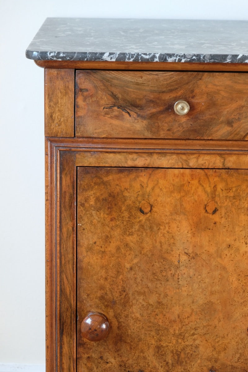 Burr Walnut & Marble Bedside Cabinet Raised On Short Feet