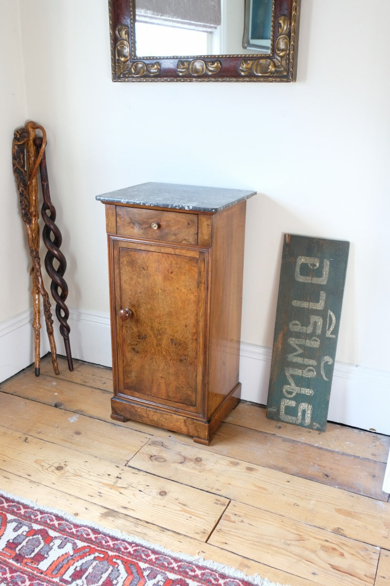 Burr Walnut & Marble Bedside Cabinet Raised On Short Feet