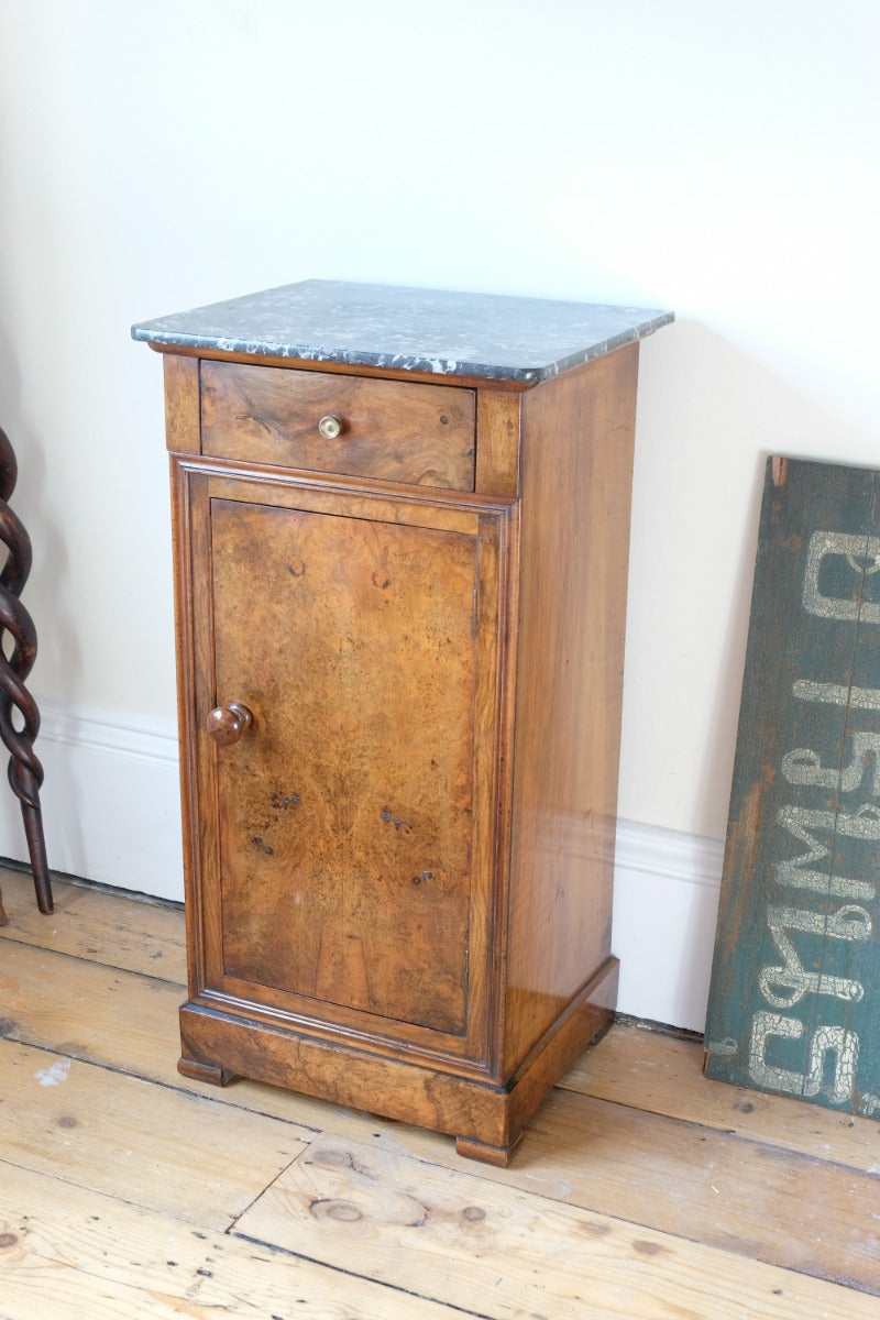 Burr Walnut & Marble Bedside Cabinet Raised On Short Feet