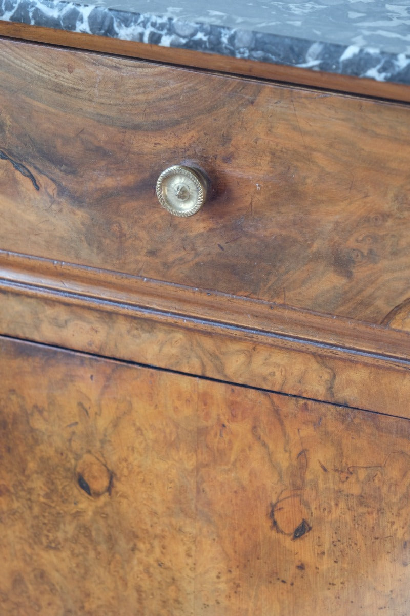 Burr Walnut & Marble Bedside Cabinet Raised On Short Feet