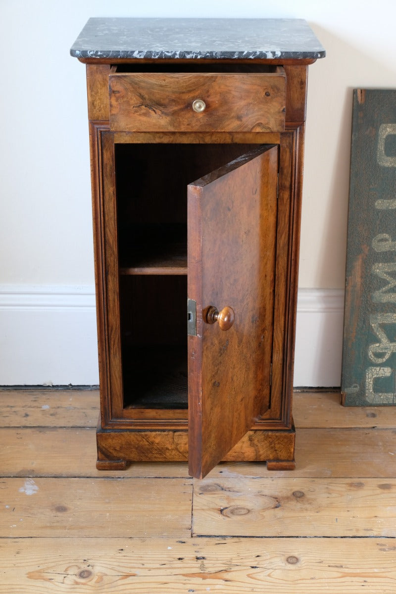 Burr Walnut & Marble Bedside Cabinet Raised On Short Feet