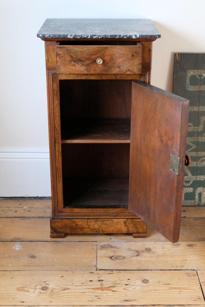 Burr Walnut & Marble Bedside Cabinet Raised On Short Feet