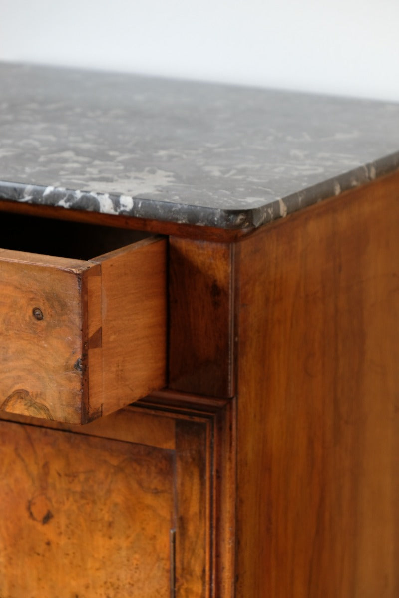 Burr Walnut & Marble Bedside Cabinet Raised On Short Feet