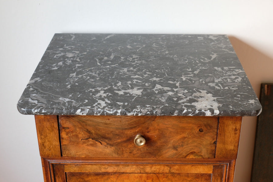 Burr Walnut & Marble Bedside Cabinet Raised On Short Feet