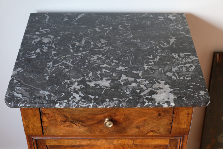 Burr Walnut & Marble Bedside Cabinet Raised On Short Feet