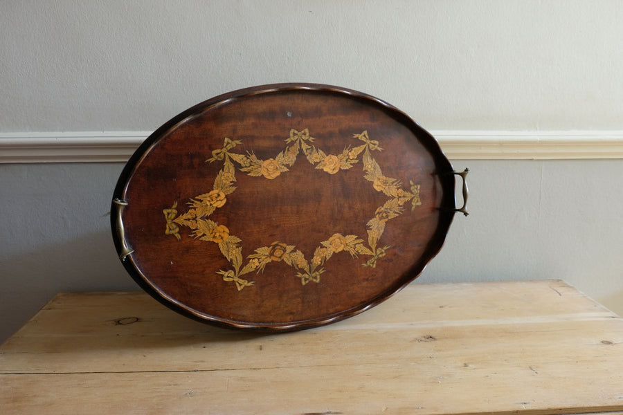 Mahogany Inlaid Serving Tray Oval Shape Circa 1910