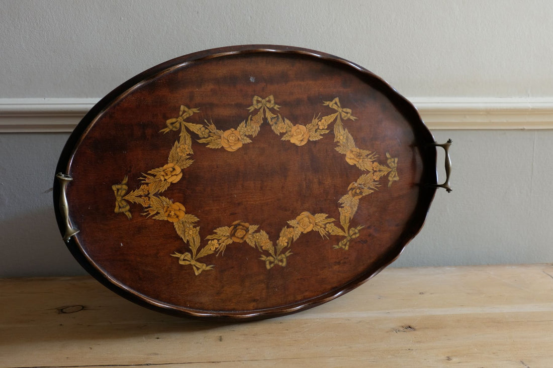 Mahogany Inlaid Serving Tray Oval Shape Circa 1910