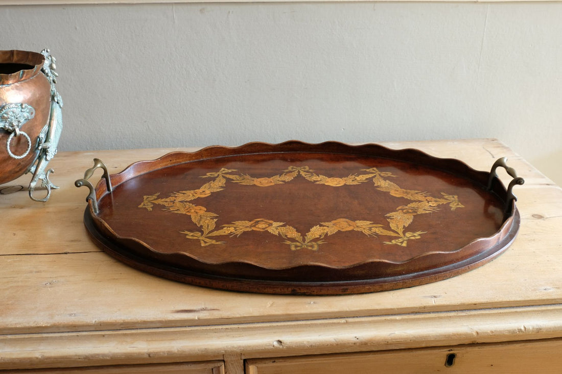 Mahogany Inlaid Serving Tray Oval Shape Circa 1910