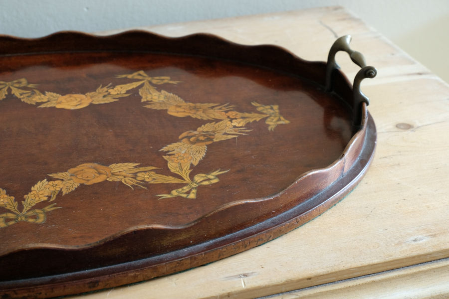 Mahogany Inlaid Serving Tray Oval Shape Circa 1910