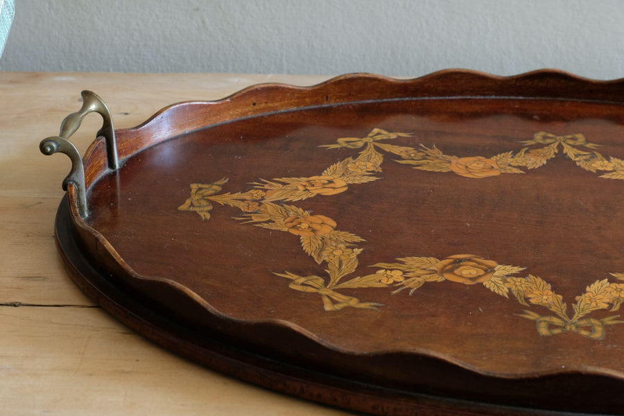 Mahogany Inlaid Serving Tray Oval Shape Circa 1910