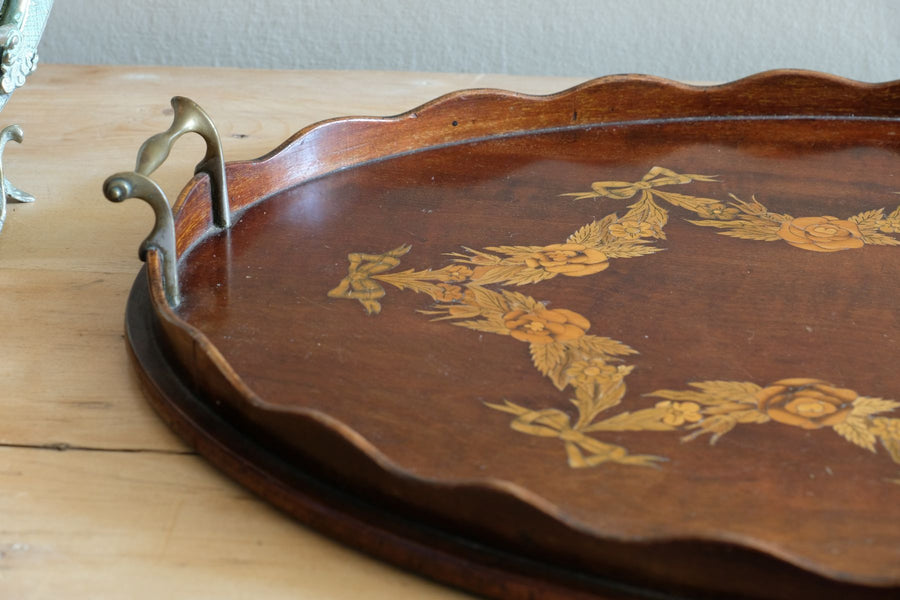 Mahogany Inlaid Serving Tray Oval Shape Circa 1910