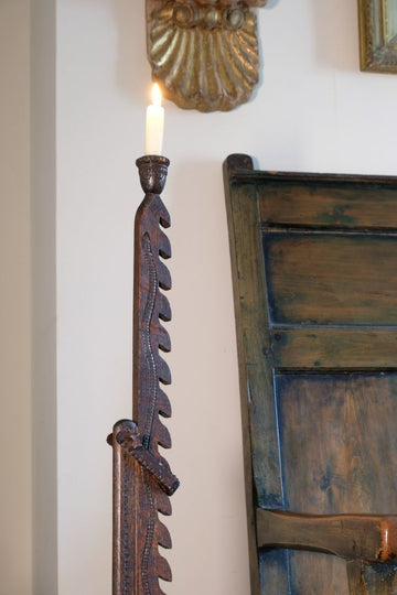 Rare Arts & Crafts Carved Oak Ratchet Adjustable Candle Stand