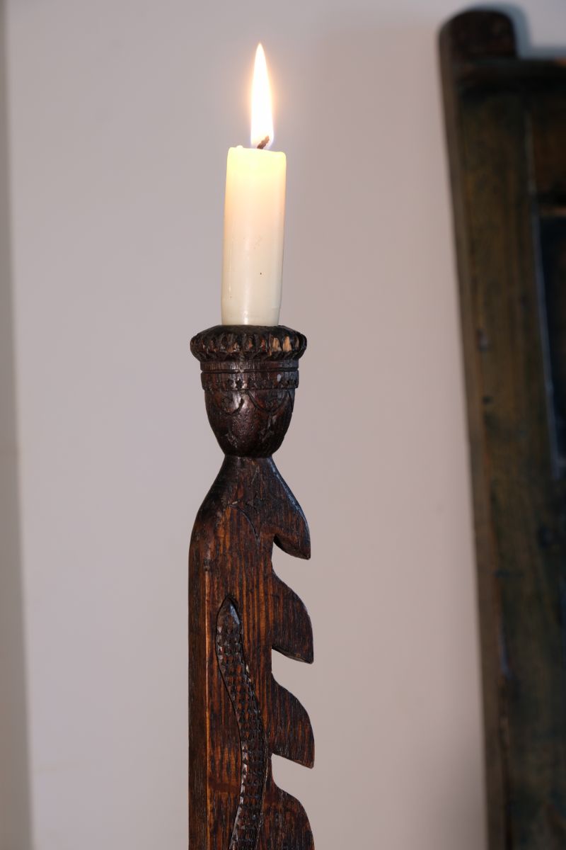 Rare Arts & Crafts Carved Oak Ratchet Adjustable Candle Stand