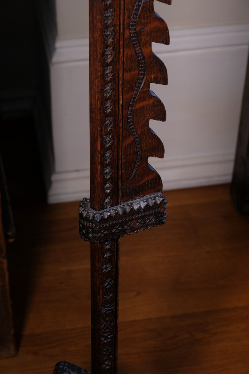 Rare Arts & Crafts Carved Oak Ratchet Adjustable Candle Stand