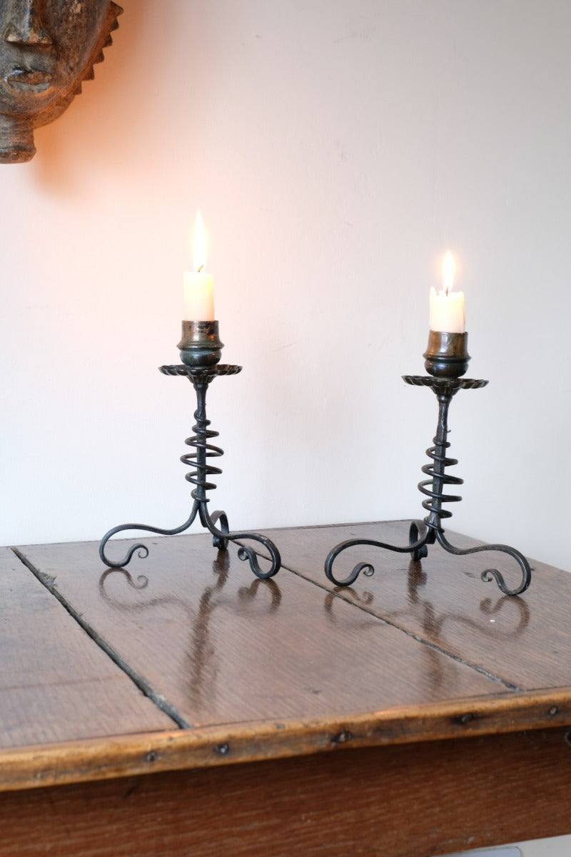 Pair Of Arts & Crafts Wrought Iron Candle Sticks