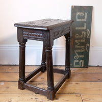 17th Century Oak Jointed Stool With Carved Frieze Over Reeded Border