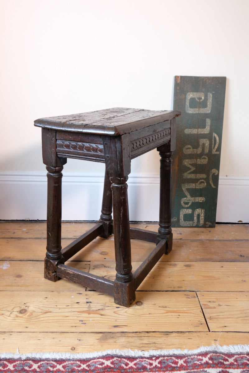 17th Century Oak Jointed Stool With Carved Frieze Over Reeded Border