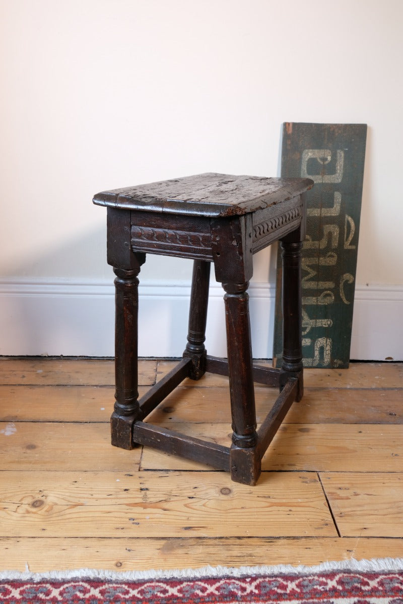 17th Century Oak Jointed Stool With Carved Frieze Over Reeded Border