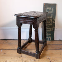 17th Century Oak Jointed Stool With Carved Frieze Over Reeded Border