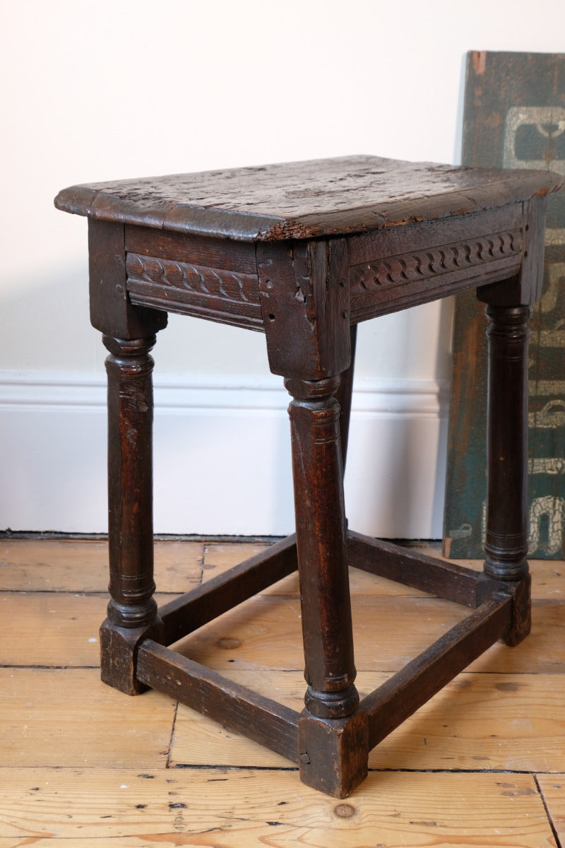 17th Century Oak Jointed Stool With Carved Frieze Over Reeded Border