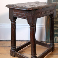 17th Century Oak Jointed Stool With Carved Frieze Over Reeded Border