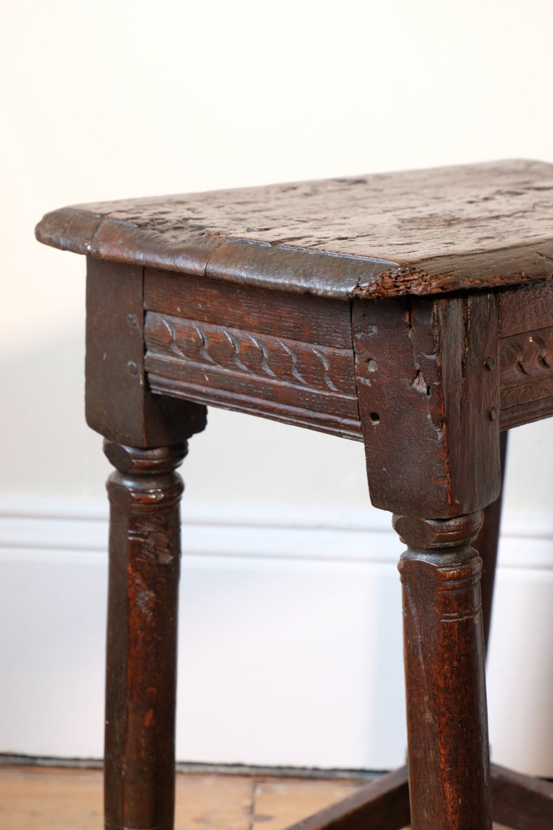 17th Century Oak Jointed Stool With Carved Frieze Over Reeded Border