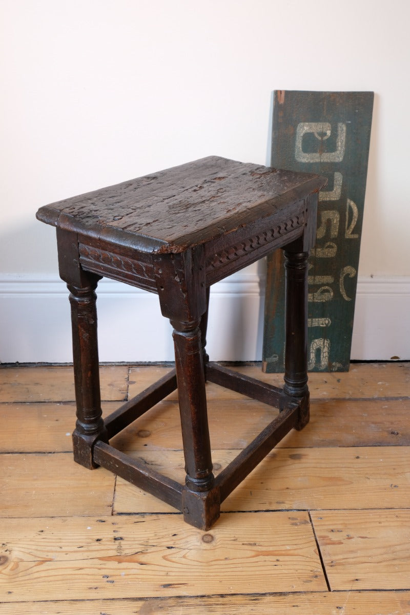 17th Century Oak Jointed Stool With Carved Frieze Over Reeded Border