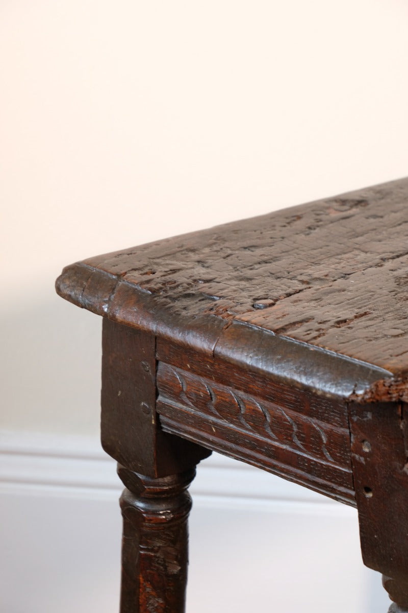 17th Century Oak Jointed Stool With Carved Frieze Over Reeded Border