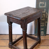 17th Century Oak Jointed Stool With Carved Frieze Over Reeded Border