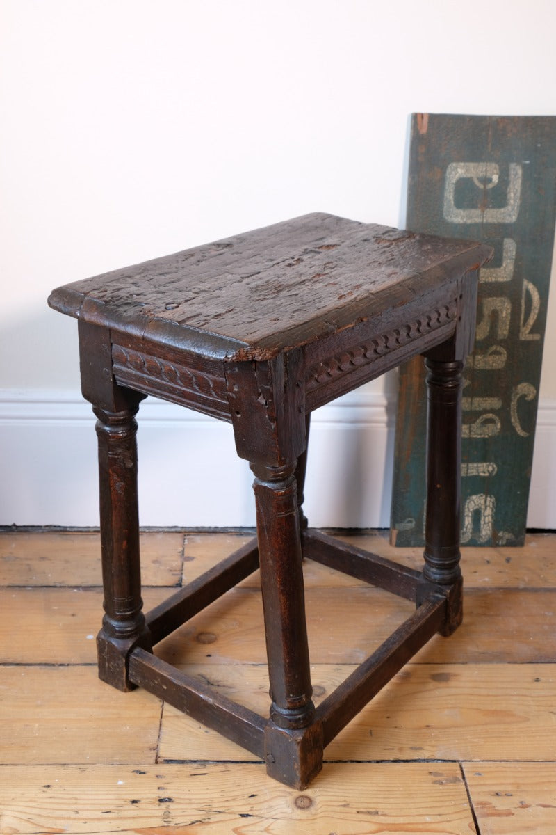 17th Century Oak Jointed Stool With Carved Frieze Over Reeded Border