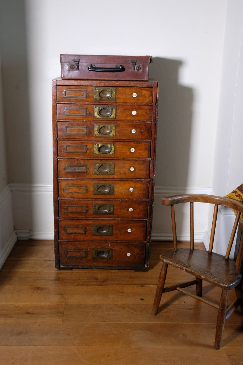 Bank Of Mahogany Drawers With Flush Brass Handles & Name Plates