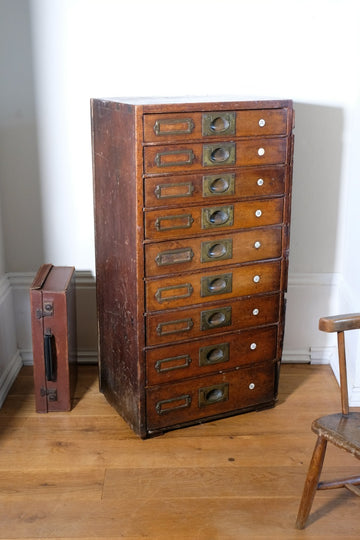 Bank Of Mahogany Drawers With Flush Brass Handles & Name Plates