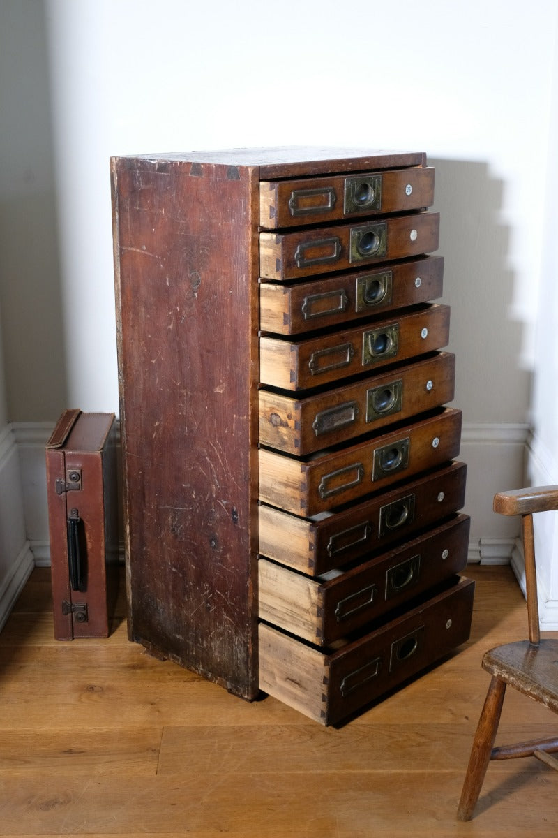 Bank Of Mahogany Drawers With Flush Brass Handles & Name Plates