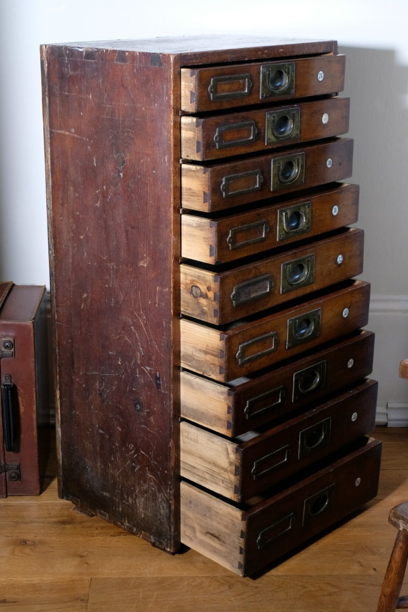 Bank Of Mahogany Drawers With Flush Brass Handles & Name Plates