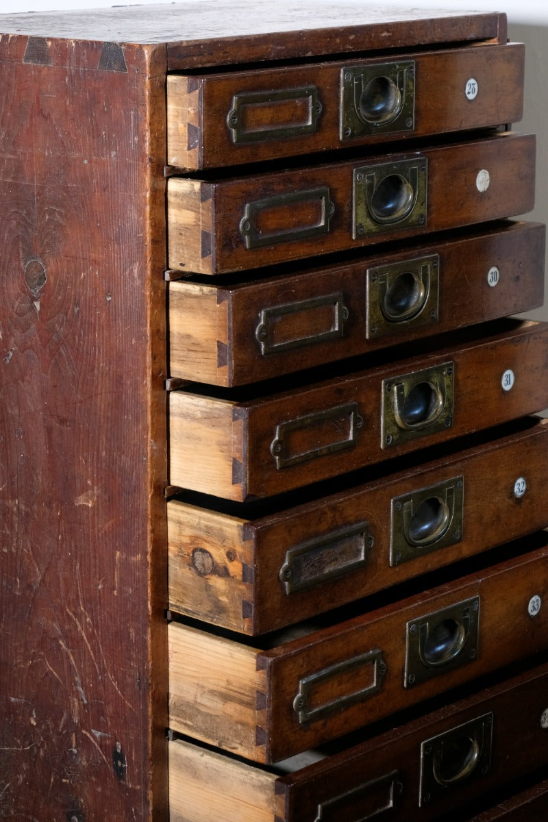 Bank Of Mahogany Drawers With Flush Brass Handles & Name Plates