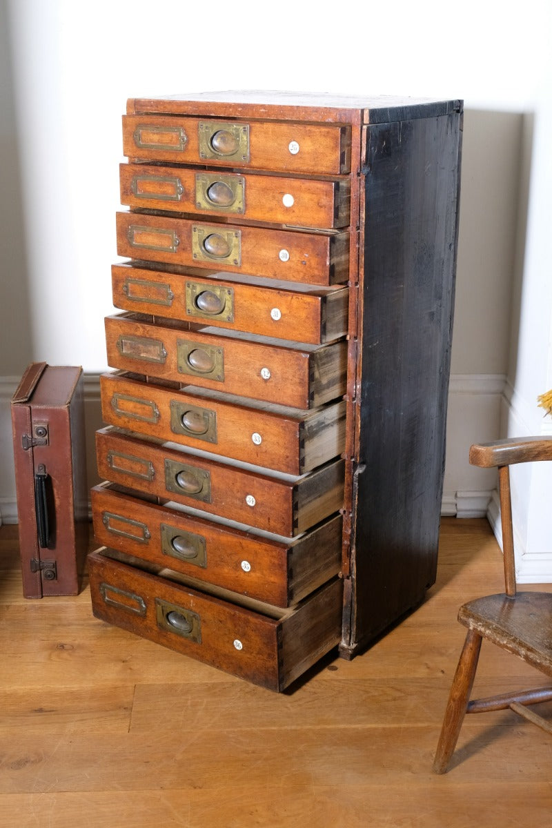 Bank Of Mahogany Drawers With Flush Brass Handles & Name Plates