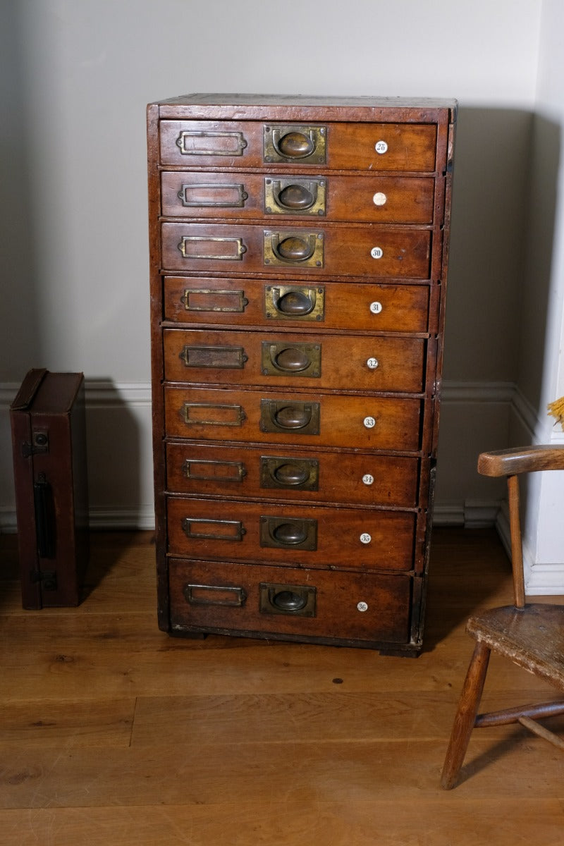 Bank Of Mahogany Drawers With Flush Brass Handles & Name Plates