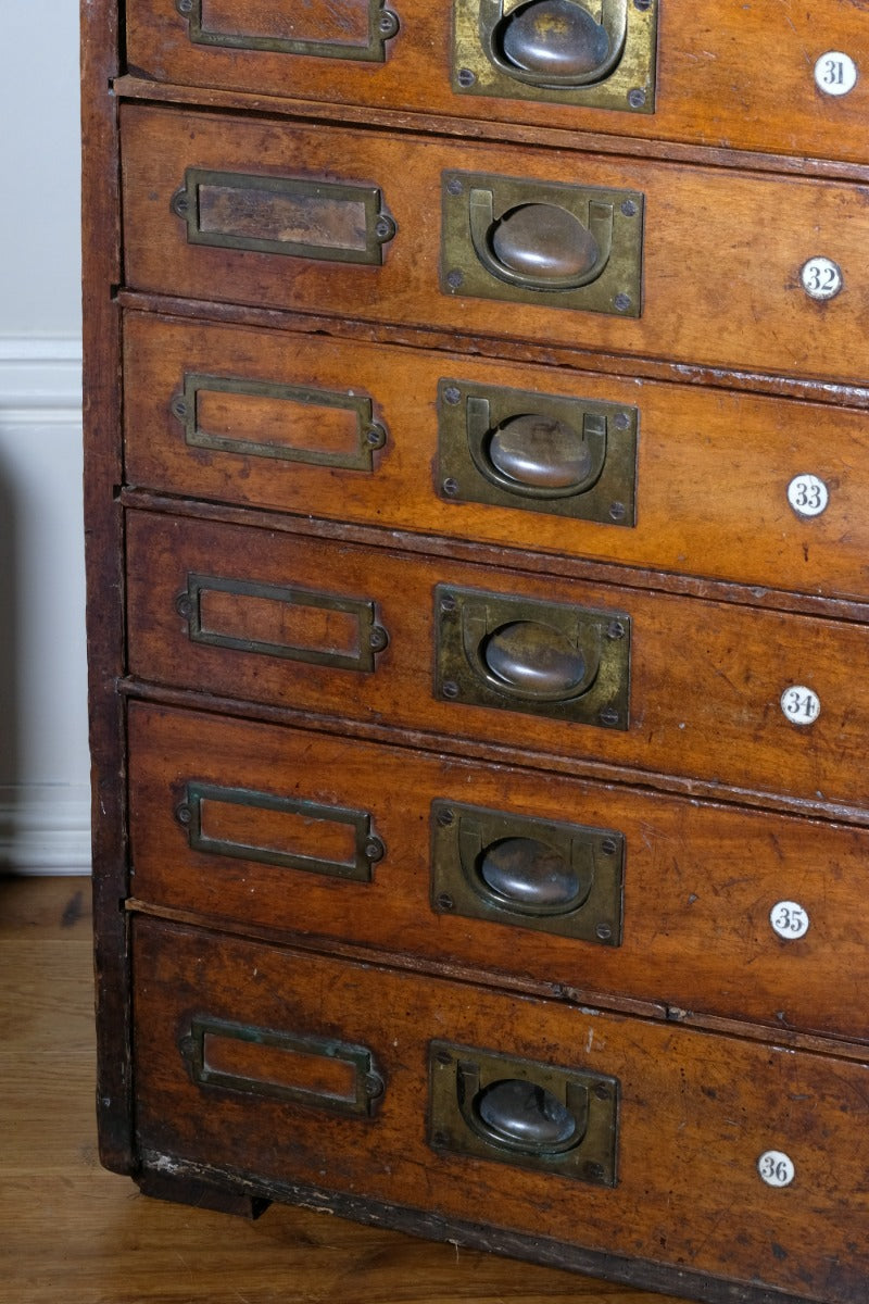 Bank Of Mahogany Drawers With Flush Brass Handles & Name Plates