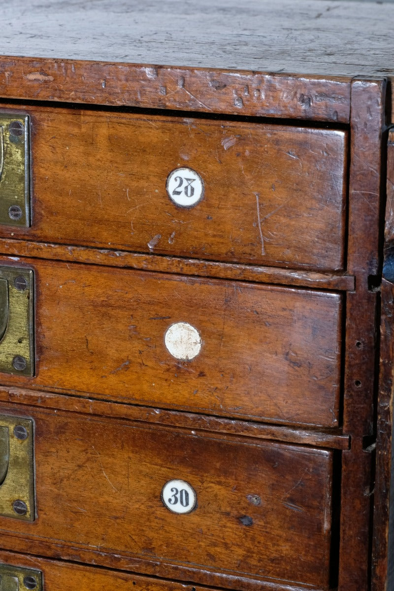 Bank Of Mahogany Drawers With Flush Brass Handles & Name Plates