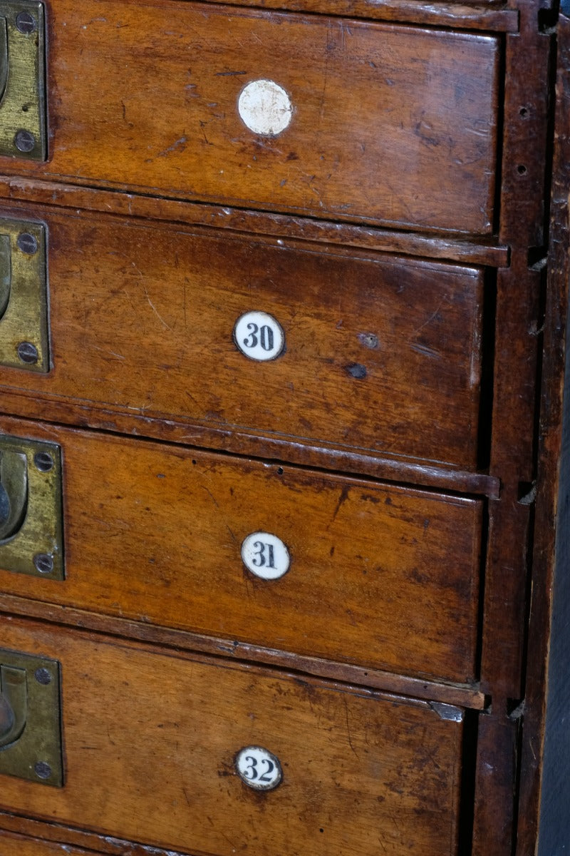 Bank Of Mahogany Drawers With Flush Brass Handles & Name Plates