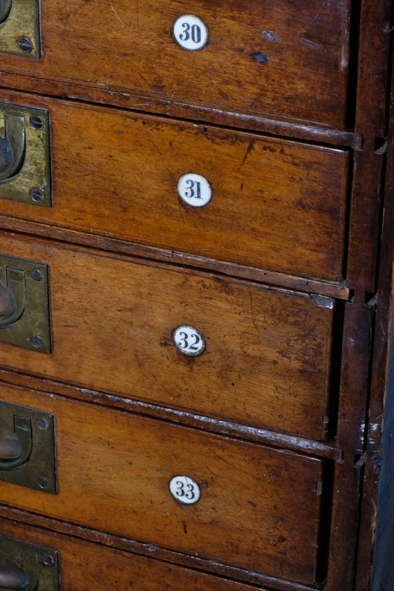 Bank Of Mahogany Drawers With Flush Brass Handles & Name Plates